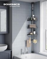 SONGMICS Półka prysznicowa z regulacją wysokości, teleskopowa łazienka, wysokość całkowita 95-300 cm, ze stali nierdzewnej, 4 poziomy, 3 haczyki, 1 wieszak na ręczniki, srebrny i czarny BCB002B01