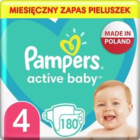 Pampers Pieluchy Rozmiar 4 (9-14kg), Active Baby Pieluszki, 180 Sztuk, Miesięczne Opakowanie, Ochrona Przed Przeciekaniem Przez Całą Dobę