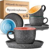 Cosumy Zestaw Filiżanek do Espresso 4 x 90 ml / 3 uncji - Ceramiczne z Talerzykami – Grube Kamionkowe Naczynia z Reaktywnym Szkliwem Ręcznym - Długie Utrzymanie Ciepła (Kolorowy)