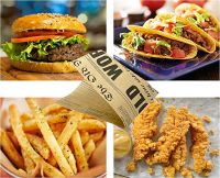 100 szt - opakowań na przekąski 15x15cm (hamburgery,frytki,kebaby) w stylu Oldnews