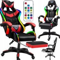 Fotel LED z MASAŻEM pleców GAMINGOWY komputerowy OBROTOWY gracza +PODNÓŻEK!