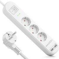 deleyCON 1,5m Listwa Zasilająca 3-Gniazda z USB, 3x Gniazdo z Bolcem Ochronnym, 2x USB-A Port ładowania np. do Telefonu & Tabletu, Ochrona Przeciwprzepięciowa, Wyłącznik ON/OFF, Biała