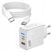65W SZYBKA ŁADOWARKA SIECIOWA ZASILACZ GaN USB + USB-C PD + KABEL USB-C 1M