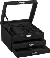 SONGMICS 3-poziomowy futerał na biżuterię Aksamitne pudełko na biżuterię ze szklaną pokrywką Wiele przegródek na naszyjniki Bransoletki Pierścionki z zamkiem i kluczem Czarny JBC158B01