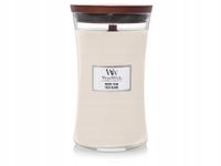 WoodWick świeca zapachowa z drewnianym knotem duża White Teak 609 g