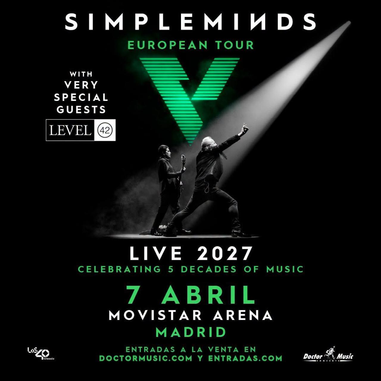 Simple Minds actuarán una única vez en España en 2027: Movistar Arena de Madrid el 7 de abril con Level 42