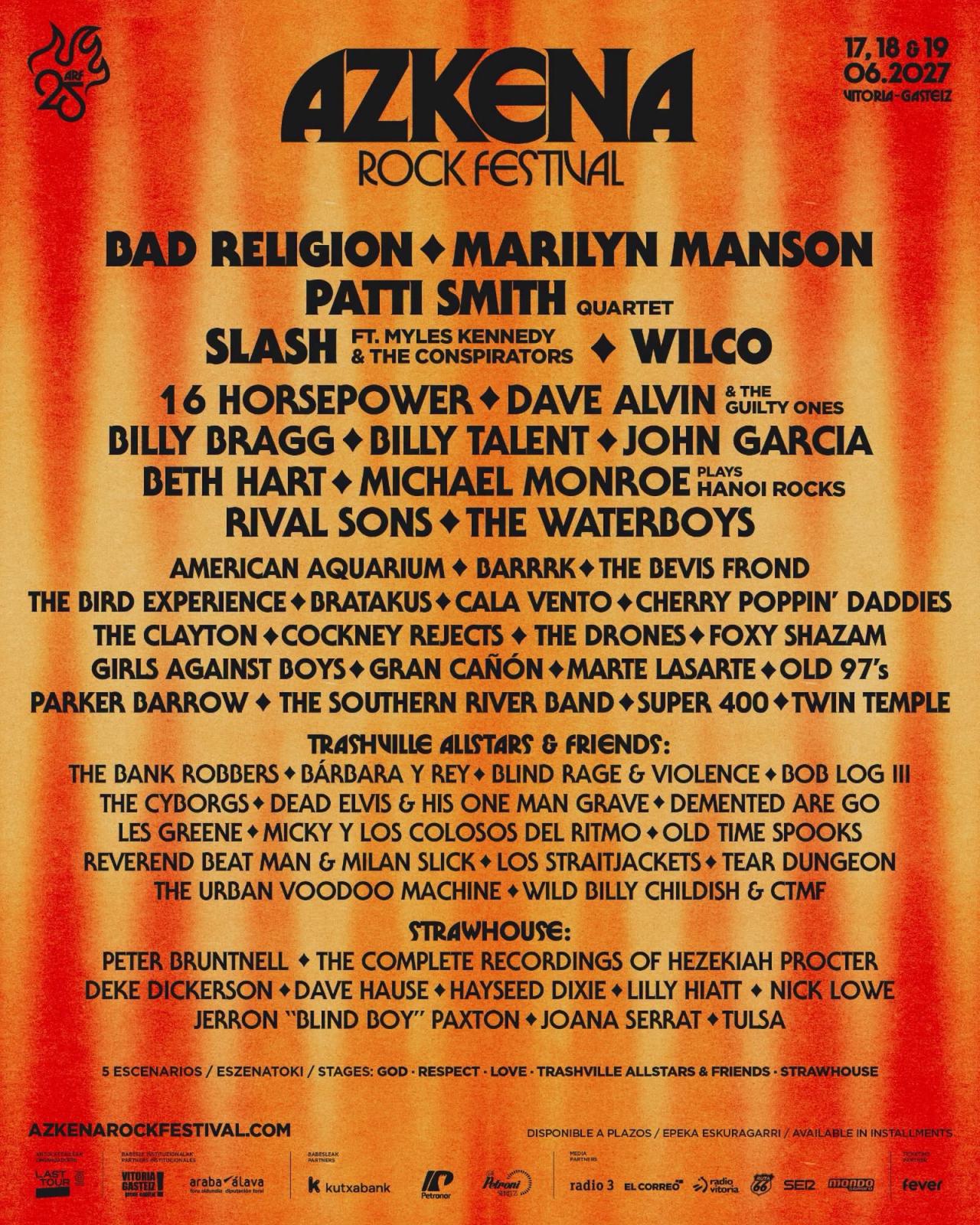 Azkena Rock Festival desvela el cartel completo de su 25 aniversario: Patti Smith, Bad Religion, Slash, Marilyn Manson y Wilco