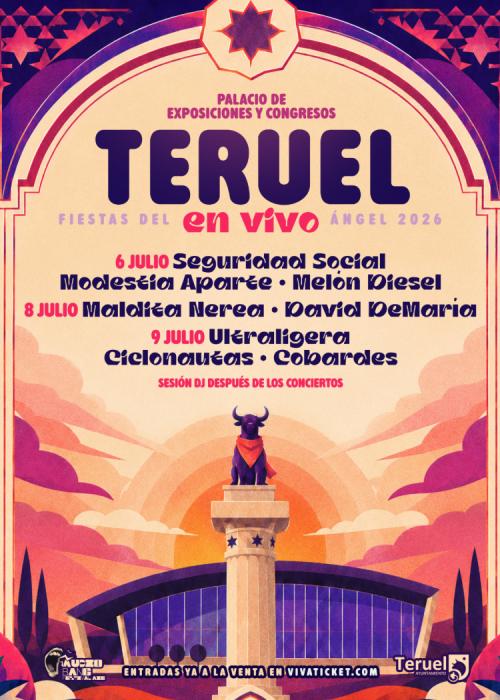Cartel de Concierto de Seguridad Social + Modestia Aparte + Melón Diesel en Teruel