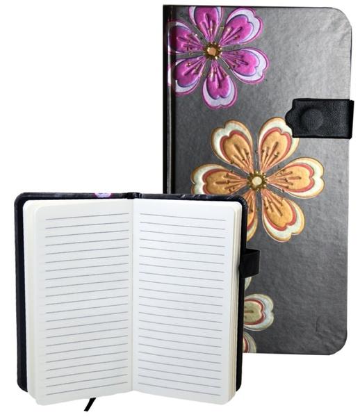 Zápisník s magnetickým klipem 85x160 mm černý s 3 květinami B