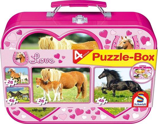 SCHMIDT Puzzle Koně 4v1 v plechovém kufříku (26,26,48,48 dílků) - 55588