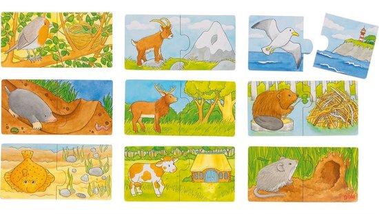 GOKI Dřevěné puzzle dvojice Zvířátka a jejich domov 9x2 dílků - 57462
