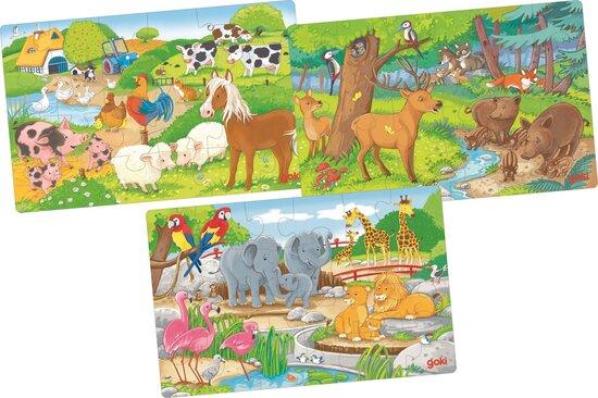 GOKI Dřevěné puzzle Zvířata 3x24 dílků - 57377