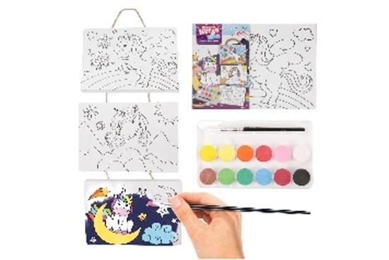 Teddies Mini plátno na provázku jednorožec 3ks 18x13cm se štětcem s barvami ve fólii