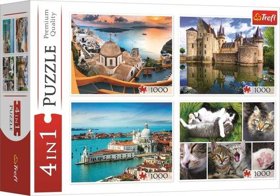 TREFL Puzzle Santorini, Benátky, Zámek Sully-sur-Loire a Kočky 4x1000 dílků - 93082