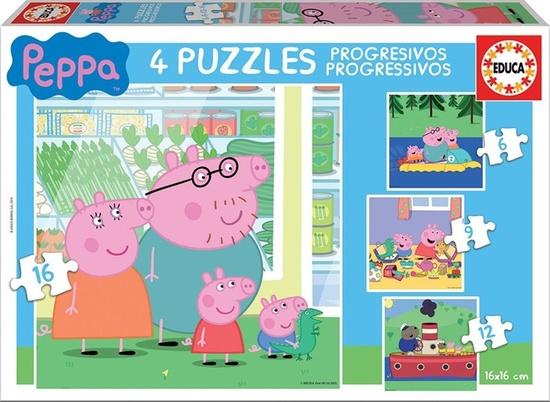 EDUCA Puzzle Prasátko Pepina 4v1 (6,9,12,16 dílků) - 15918