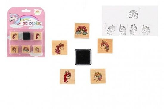Levně Teddies Razítka dřevěná 5 1 s poduškou jednorožci 3x3cm na kartě