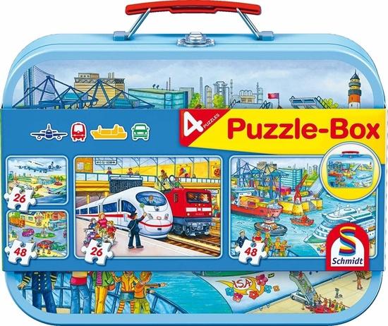 SCHMIDT Puzzle Doprava 4v1 v plechovém kufříku (26,26,48,48 dílků) - 56508