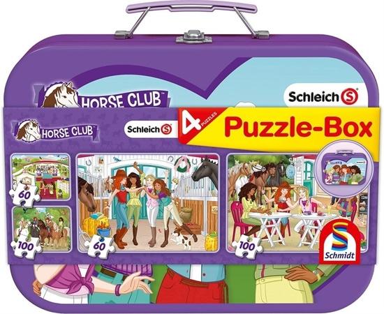 SCHMIDT Puzzle Schleich: Horse Club 4v1 v plechovém kufříku (60,60,100,100 dílků) - 56515