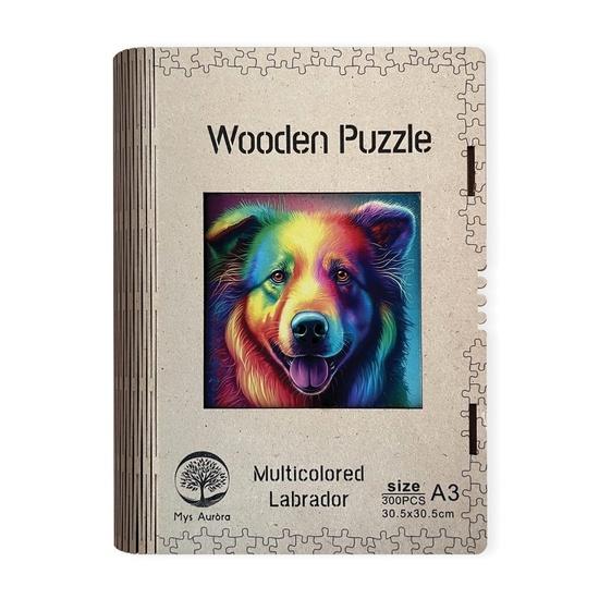 Levně Dřevěné puzzle Barevný labrador A3