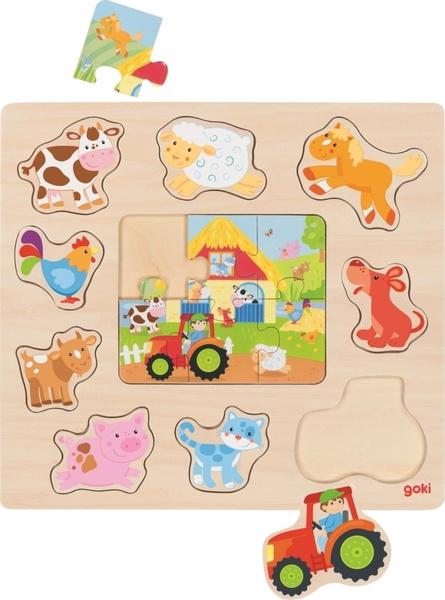 Levně Dřevěná vkládačka + Puzzle Zvířátka z farmy
