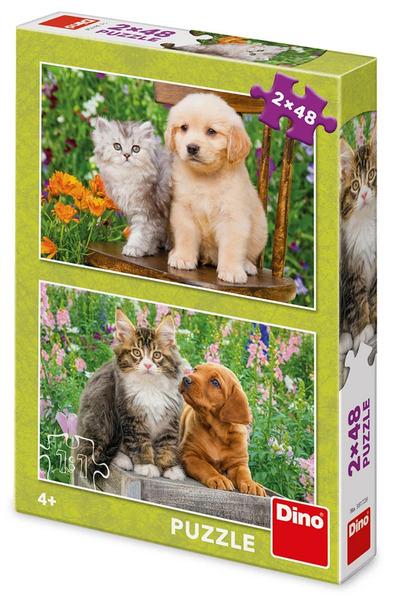 Levně Puzzle 2x48 Pejsek a kočička na zahradě