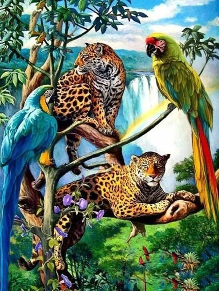 Levně Diamantové malování Papoušci a leopardi 30x40cm