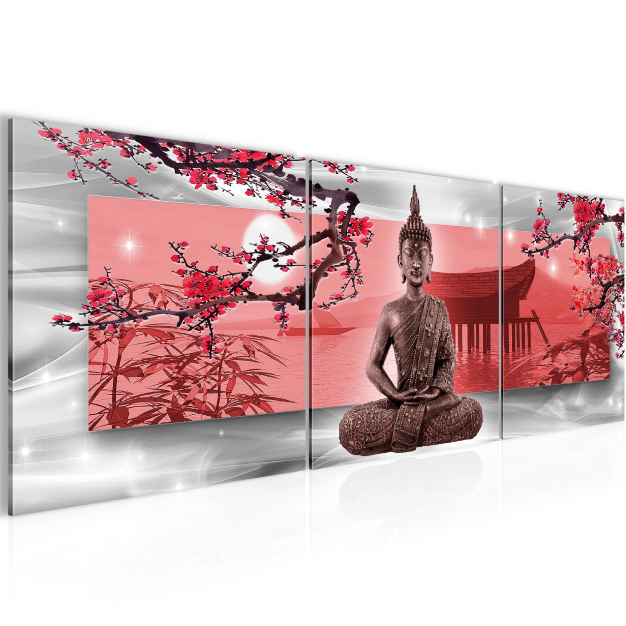 Wandbild XXL Modern Wohnzimmer - Buddha Feng Shui Grau Rot