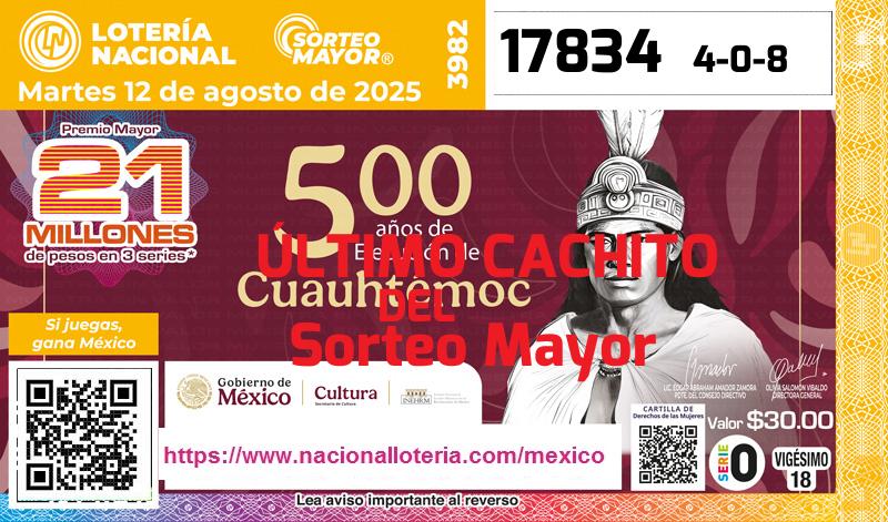 Cachito del último Sorteo Mayor premiado en la Lotería Nacional del Martes 12 de Agosto de 2025 Último Sorteo Mayor de la Lotería del Martes 12 de Agosto de 2025