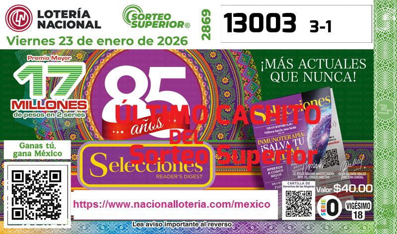 Último Sorteo Superior de la Lotería del Viernes 23 de Enero de 2026