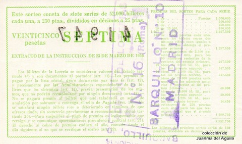 Reverso del décimo de Lotería Nacional de 1961 Sorteo 20