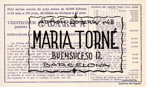 Reverso del décimo de Lotería Nacional de 1963 Sorteo 26