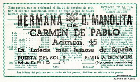 Reverso del décimo de Lotería Nacional de 1964 Sorteo 30