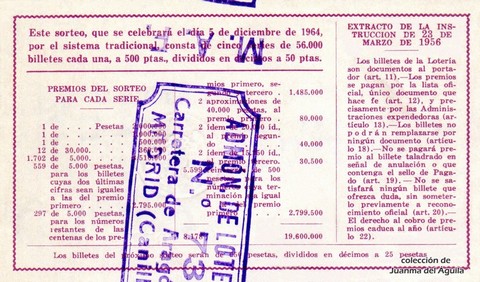 Reverso del décimo de Lotería Nacional de 1964 Sorteo 34
