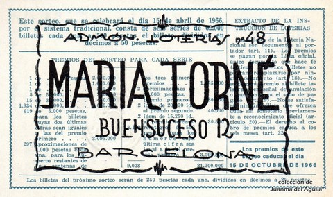 Reverso del décimo de Lotería Nacional de 1966 Sorteo 11