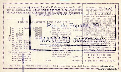 Reverso del décimo de Lotería Nacional de 1966 Sorteo 26