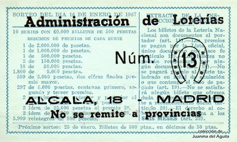 Reverso décimo de Lotería 1967 / 2