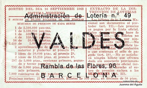 Reverso del décimo de Lotería Nacional de 1968 Sorteo 26