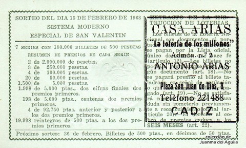 Reverso del décimo de Lotería Nacional de 1968 Sorteo 5