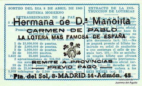 Reverso del décimo de Lotería Nacional de 1969 Sorteo 10