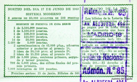 Reverso del décimo de Lotería Nacional de 1969 Sorteo 17