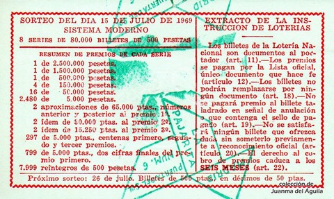 Reverso del décimo de Lotería Nacional de 1969 Sorteo 20