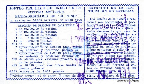 Reverso décimo de Lotería 1971 / 1
