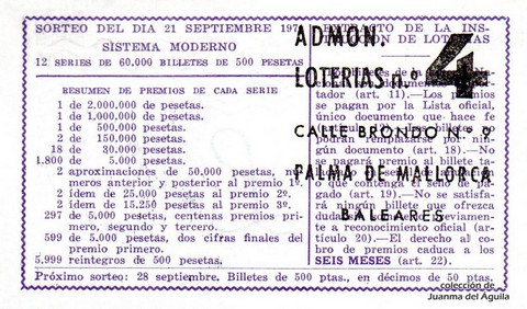 Reverso del décimo de Lotería Nacional de 1971 Sorteo 29