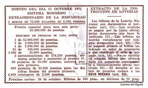 Reverso del décimo de Lotería Nacional de 1971 Sorteo 32