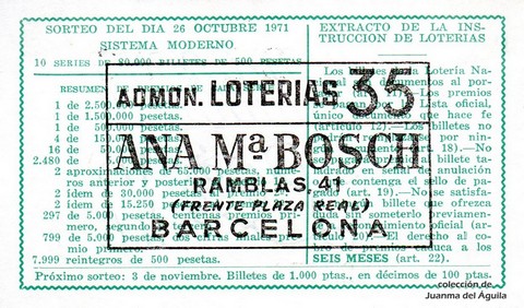 Reverso décimo de Lotería 1971 / 33