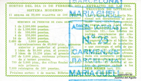 Reverso décimo de Lotería 1971 / 6