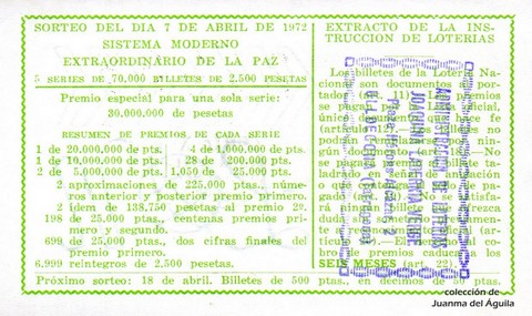 Reverso del décimo de Lotería Nacional de 1972 Sorteo 11