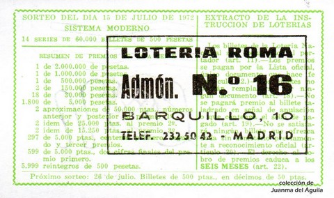 Reverso décimo de Lotería 1972 / 23