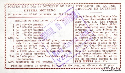 Reverso del décimo de Lotería Nacional de 1972 Sorteo 33