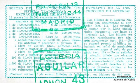 Reverso décimo de Lotería 1972 / 40